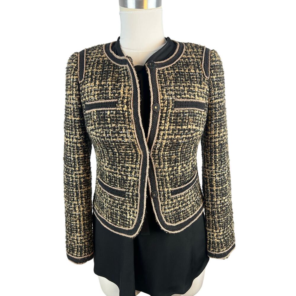 Trina Turk Tweed Cropped Jacket Size 2 Black Gold Wool Blend Made USA